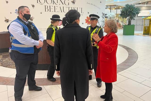 Doncaster Central MP Dame Rosie Winterton speaks to Frenchgate security staff and police