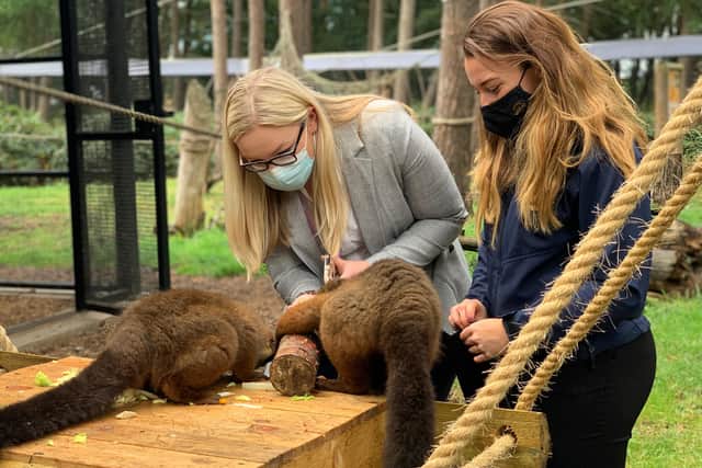Assessor Christy and her apprentice Caitlin at Yorkshire Wildlife Park who was signed up as an apprentice previous to the challenge .