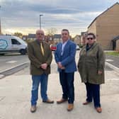 Councillors Andy Pickering, Sean Gibbons and Bev Chapman at the Shimmer estate which remains under threat of demolition despite the cancellation of the HS2 project