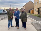 Councillors Andy Pickering, Sean Gibbons and Bev Chapman at the Shimmer estate which remains under threat of demolition despite the cancellation of the HS2 project
