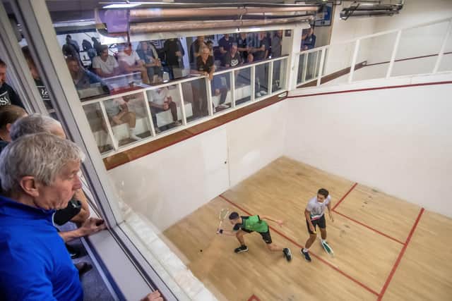 Welcome to the dungeon: Doncaster Squash Club's Joel Arscott competes against Dunnington's Seif Heikel (Picture: Tony Johnson)