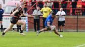 Dons' Jason Tali scores the second try at Dewsbury.