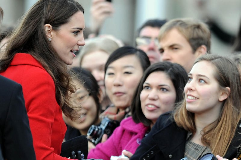 2011 - Kate Middleton, Countess of Strathearn,  speaks with the public during a walk-about in North Street, St Andrews