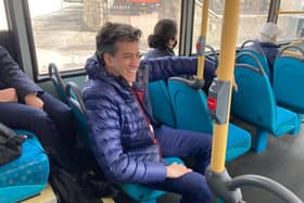 Ed Miliband on board a bus from Campsall heading into Doncaster town centre. The Doncaster North MP stepped onto buses in his constituency to speak to passengers about the state of the services. Credit: George Torr/LDRS