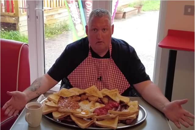 Rate My Takeaway star Danny Malin gets set to to take on Doncaster's Terminator 3 breakfast.  Photo: Rate My Takeaway/YouTube