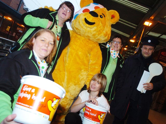 Pudsey bear was met at Doncaster train station as he toured Adsa stores in 2008to raise money for Children In Need. With him L-R are Charlotte Hankinson, of Doncaster store, Elaine Young, of Hull Kingswood store, Lisa Wharton, of Carcroft store, Kassy Dermody, of Hull Kingswood store, and John Graham, of National Express.