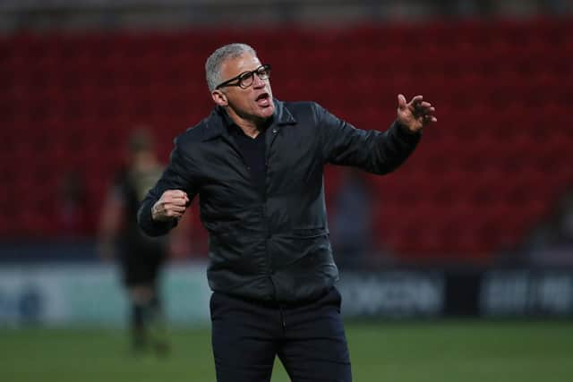 Hartlepool United manager Keith Curle celebrates the win at full time. Photo: Mark Fletcher | MI News.