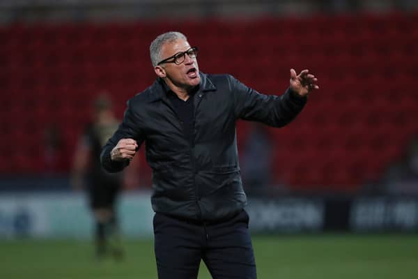 Hartlepool United manager Keith Curle celebrates the win at full time. Photo: Mark Fletcher | MI News.