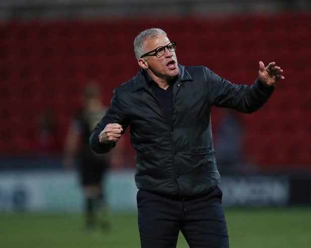 Hartlepool United manager Keith Curle celebrates the win at full time. Photo: Mark Fletcher | MI News.