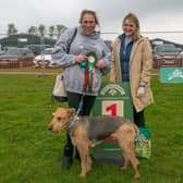 Diesel and Claire Whitehead, Scruffts winners at All About Dogs Newark, with judge Charlotte McNamara. Credit Alan Doyle and The Kennel Club