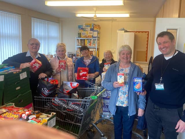 Mexborough Foodbank volunteers, Chaz Prouten, Shelley Gleaden, Gail Varley, Jean Jordan, Karen Bailey (Scallywags Playgroup) and Matt Fearn getting ready for another busy MFB session last Friday. Karen also collected 25 Easter Eggs donated for Scallywags Playgroup children donated by Food AWARE CIC.