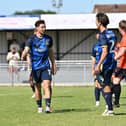 Jordan Gibson celebrates his equaliser at Peterborough Sports.