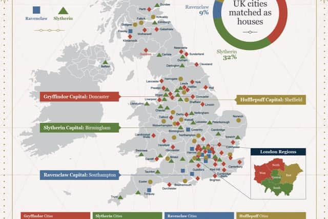 The map shows how towns and cities would be sorted into the Hogwarts Houses.