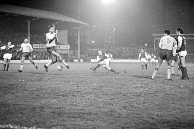 Action from Hibs' 3-1 win against Lokomotive Leipzig in November 1968. A Joe McBride hat-trick did the damage with Hibs recording a 1-0 win in Germany.