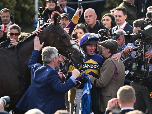 Rider Derek Fox and assistant trainer, ex-champion jockey Peter Scudamore, celebrate Aintree glory last year with Lucinda Russell's Scottish raider. He must carry a stone more in the handicap this time, and it's very rare for horses to win successive Nationals. But he is in prime form to emulate the likes of Red Rum and Tiger Roll, and earn the stable their third National in seven years, after grabbing third spot in last month's Cheltenham Gold Cup