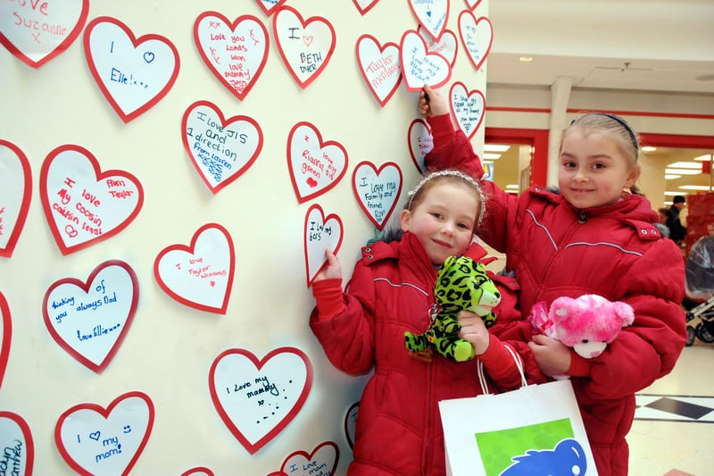 Sisters Aysha Clough 7, and Amber Clough 6, pasted their messages on a Valentine's Day Heart Campaign stand in the Bridges, Sunderland in 2012. Who can tell us more about the campaign?