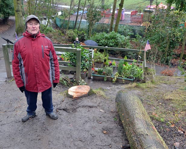 Tony Foulds at the Mi Amigo Memorial where the council had chopped down an American Oak tree. 