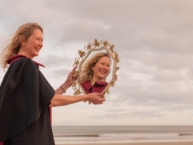 On the West Sands, St Andrews
Jenny Govier (from Toronto, graduating with an MLitt in English)
As a marker of this unique and challenging period, we wanted to celebrate the essence of the St Andrews graduate during these unprecedented times. By recording their thoughts on life in 'the bubble' and beyond, we hoped, in a small way, to capture the spirit of our Saints of 2020. In a collaboration with graduating English Masters student Sophia Eve Rink, who came up with the theme of Reflections, we invited seven students still in the area to take part in a socially distanced outdoors photoshoot, in a location that was important to them.