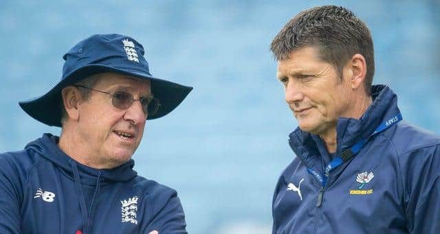 BIG DECISIONS: Yorkshire director of cricket Martyn Moxon, right, with former England head coach, Trevor Bayliss. Picture by Allan McKenzie/SWpix.com Copyright: © SWpix.com (t/a Photography Hub Ltd)