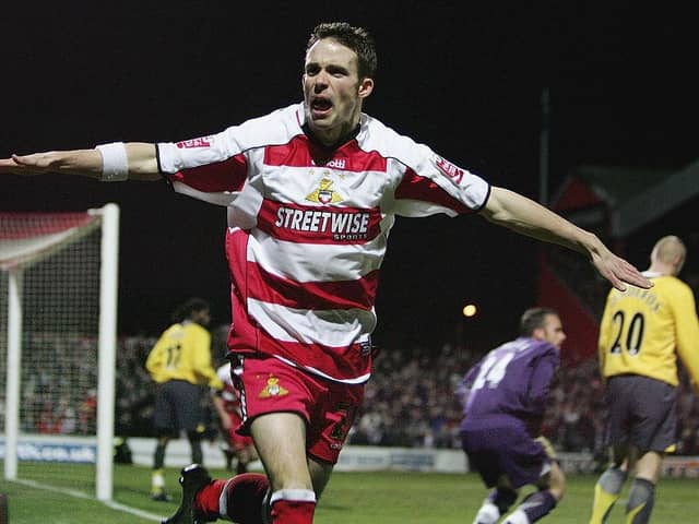 Michael McIndoe celebrates scoring against Arsenal in 2005. Photo: Ross Kinnaird/Getty Images