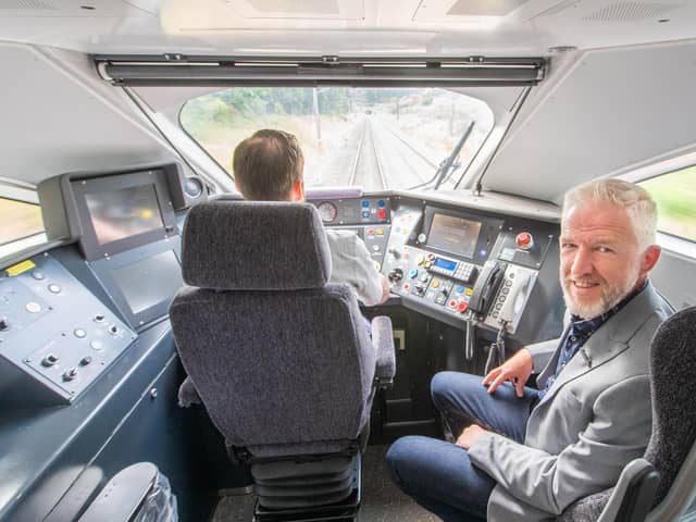 Matthew Delaney, whose great grandfather Joe Duddington set the steam locomotive world speed record at 126pm in the A4 class locomotive Mallard on July 3 1938, retraces his great grandfather’s journey in an LNER Azuma train to mark the 85th anniversary of the record, which still stands. Photo: Richard Walker/PA Wire.