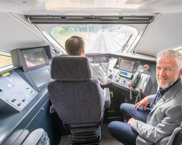 Matthew Delaney, whose great grandfather Joe Duddington set the steam locomotive world speed record at 126pm in the A4 class locomotive Mallard on July 3 1938, retraces his great grandfather’s journey in an LNER Azuma train to mark the 85th anniversary of the record, which still stands. Photo: Richard Walker/PA Wire.