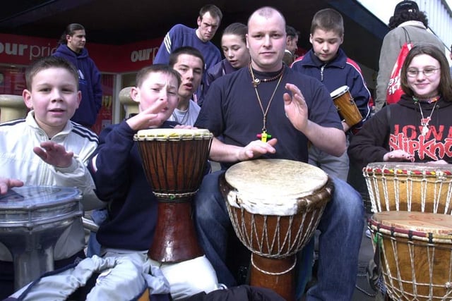 Alan Raw gave a drumming workshop outside of the Frenchgate Centre in 2002
