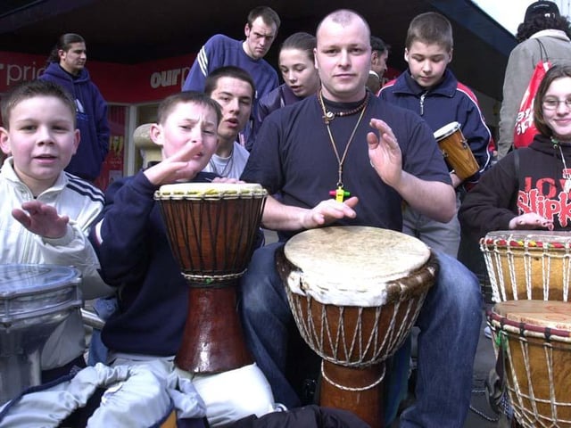 Alan Raw gave a drumming workshop outside of the Frenchgate Centre in 2002