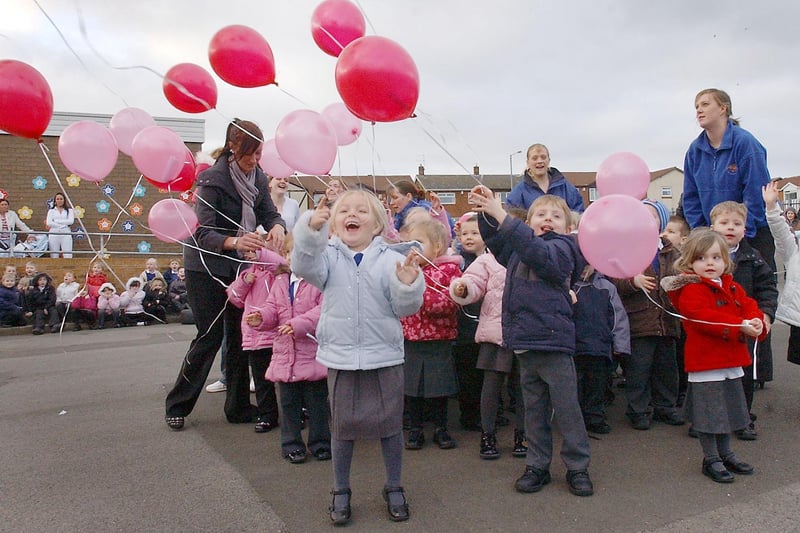 These pupils were just about to release balloons on Valentine's Day at Town End Primary School in 2008. Do you recognise anyone in the photo?