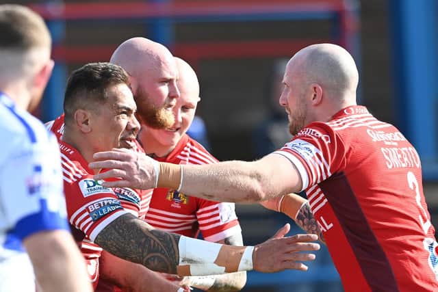 Dons celebrate their first try. Picture by Howard Roe/AHPIX.com