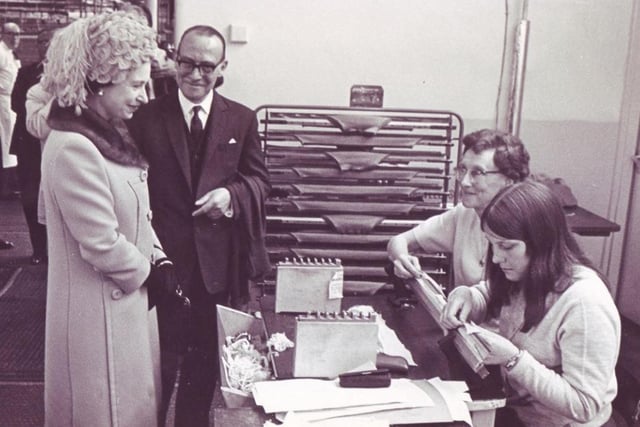 The Queen pays a visit to John Smedley Ltd in Matlock in 1968.