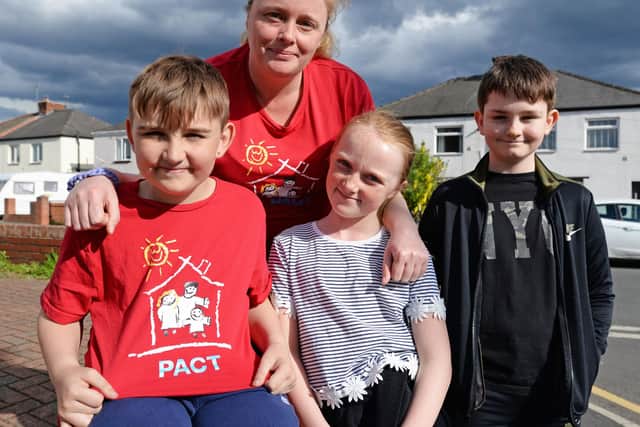 Fraizer Morris, 11, is raising money for PACT, by walking five miles a day. He is pictured here with Maci-Lea Morris, ten, Katrina Moses and Jordan Elder, 11. Picture: NDFP-18-05-21-PACT 2-NMSY