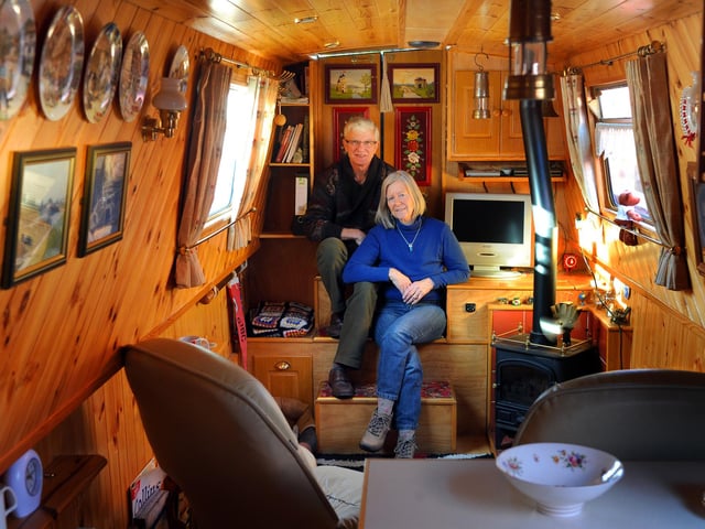 Don and Barbara Barker on their canal boathome at Strawberry Island Boatyard, Doncaster in 2013