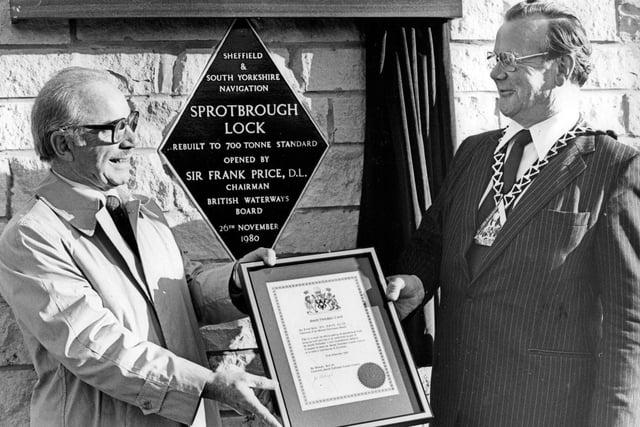 Sprotbrough Lock, rebuilt to 700 tonne standard, opened by Sir Frank Price, Chairman British Waterways Board, November 26, 1980