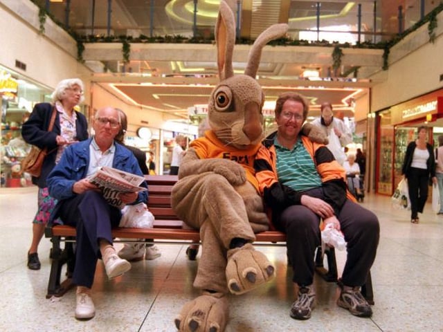 Hope the Hare visited the Frenchgate centre in 1999 to promote the Earth Centre.