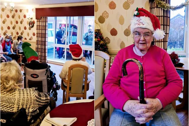 Peggy and other residents were treated to Christmas carols from outside the care home.