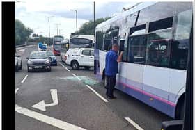 The aftermath of the crash between a bus and lorry on North Bridge Road.
