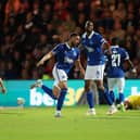 Arnaut Danjuma of Everton celebrates after scoring the team's second goal during the Carabao Cup Second Round match between Doncaster Rovers and Everton at Keepmoat Stadium on August 30, 2023 in Doncaster, England. (Photo by George Wood/Getty Images)