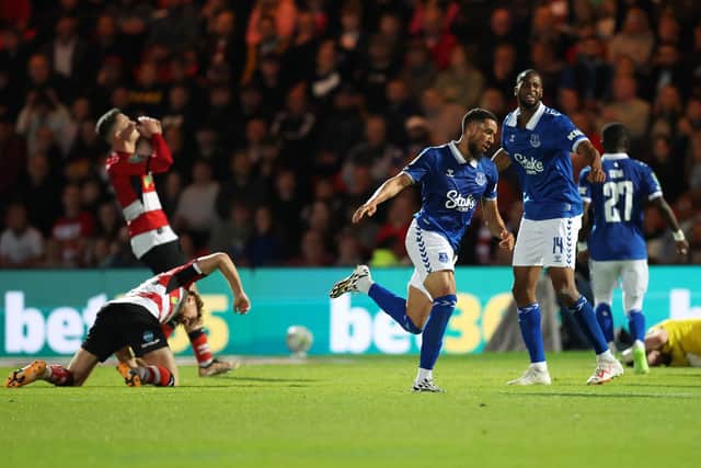Arnaut Danjuma of Everton celebrates after scoring the team's second goal during the Carabao Cup Second Round match between Doncaster Rovers and Everton at Keepmoat Stadium on August 30, 2023 in Doncaster, England. (Photo by George Wood/Getty Images)