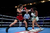 Terri Harper (red gloves) punches Yamila Belen Abellaneda (white gloves) during WBA Inter-Continental Female Lightweight Title fight between Terri Harper and Yamila Belen Abellaneda at Motorpoint Arena Nottingham on March 12, 2022 in Nottingham, England. (Photo by Nigel Roddis/Getty Images)