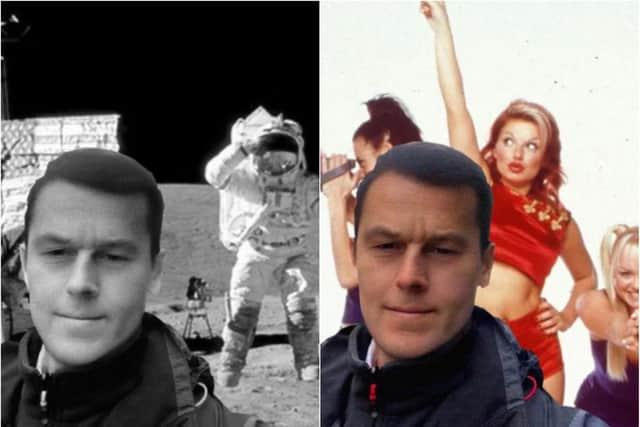 Mocked up photos suggested Nick Fletcher was present at the moon landing and had also been hanging out with the Spice Girls. (Photos: P13DigitalMedia/Twitter).