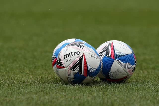 A detailed view of the Mitre Delta Max EFL match ball prior to a Sky Bet League One match.