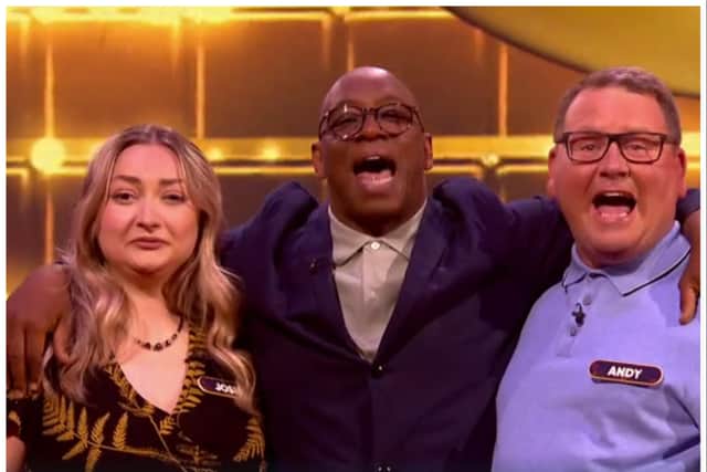 Josie and Andy scooped a whopping £86,000 on Ian Wright's Moneyball TV quiz show. (Photo: ITV).