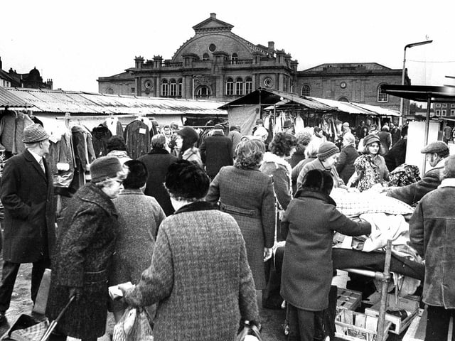 A busy Doncaster outdoor market in 1974