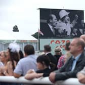 A general view as an LED board inside Doncaster Racecourse displays a tribute to Her Majesty Queen Elizabeth II. Photo: Eddie Keogh/Getty Images