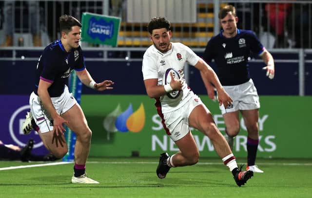 Ethan Grayson scores for England U20s in their Six Nations win against Scotland. Photo by David Rogers/Getty Images