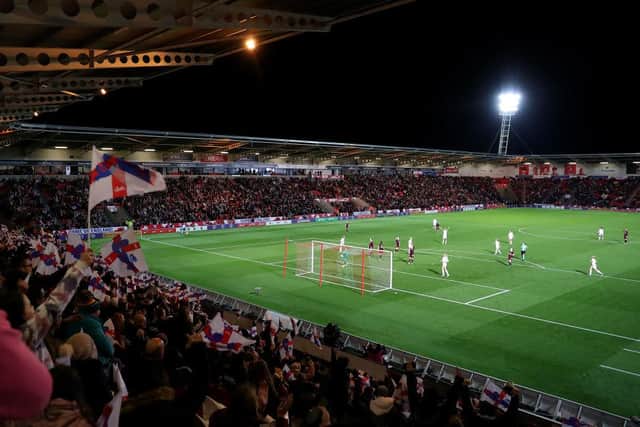 A crowd of more than 10,000 at the Keepmoat Stadium watched England Women beat Latvia 20-0. Photo by Catherine Ivill/Getty Images