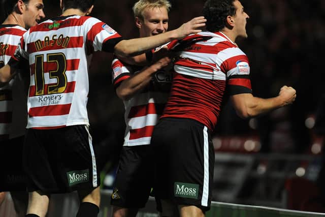 Team mates celebrate with Billy Sharp after his goal against Middlesbrough