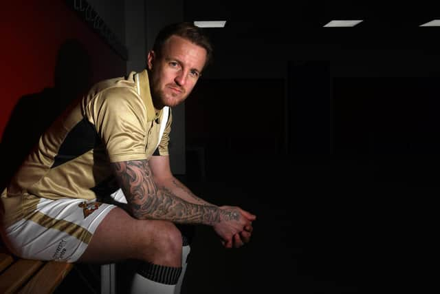 James Coppinger, wearing the charity third kit which he designed himself to mark his final season with Doncaster Rovers and raise money for CALM. Picture: Andrew Roe/AHPIX