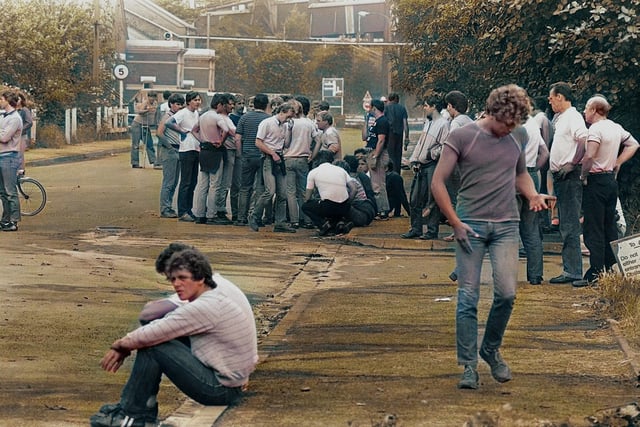 Striking miners gather outside a Doncaster pit during the 1984-85 conflict.